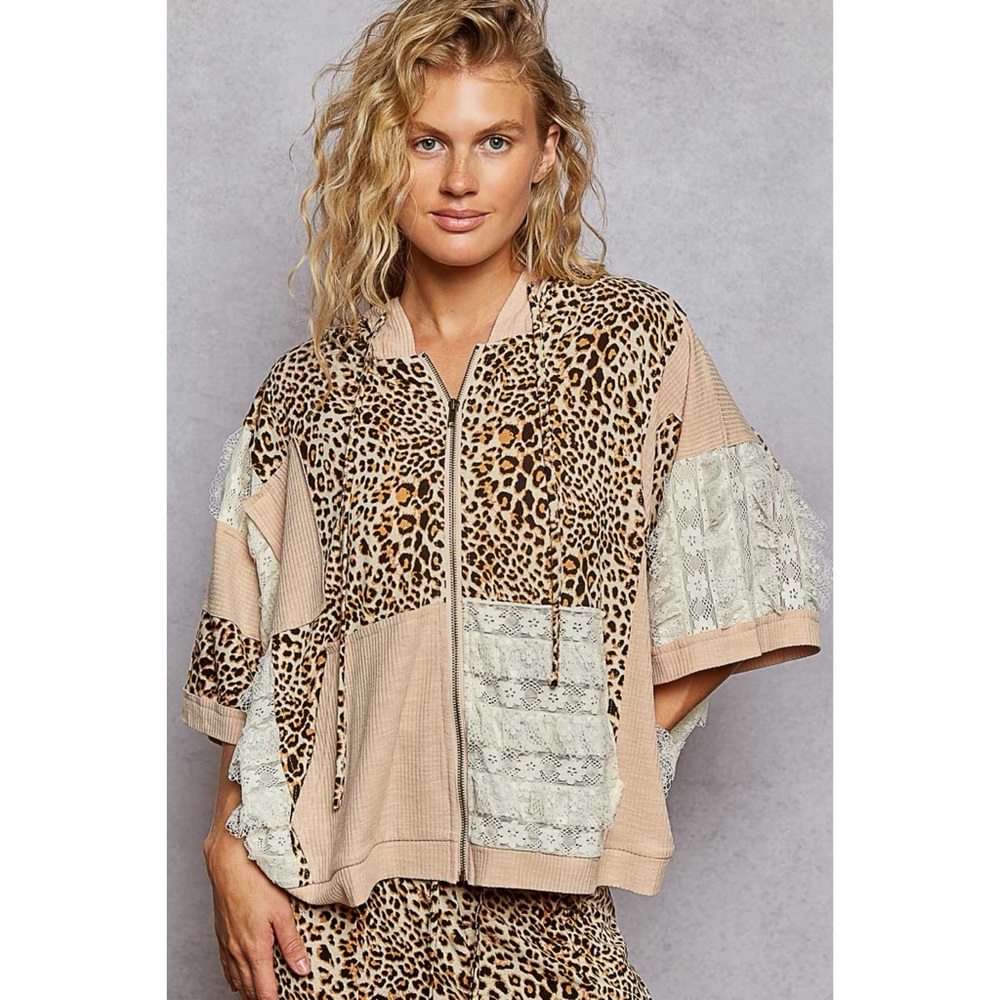POL Leopard Lace Patchwork Zip Up Hoodie | Mixed Fabric Boho Top